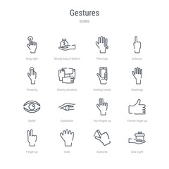set of 16 gestures concept vector line icons such as give a gift, gestures, grab, finger up, thumb finger up, two fingers up, eyelashes, eyelid. 64x64 thin stroke icons