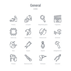 set of 16 general concept vector line icons such as nail puller, perforator, stationery knife, fretsaw, sledgehammer, nippers, dyupel, nuts. 64x64 thin stroke icons