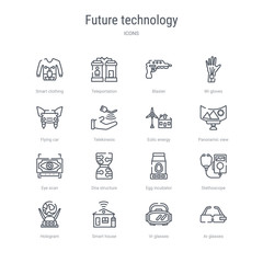set of 16 future technology concept vector line icons such as ar glasses, vr glasses, smart house, hologram, stethoscope, egg incubator, dna structure, eye scan. 64x64 thin stroke icons