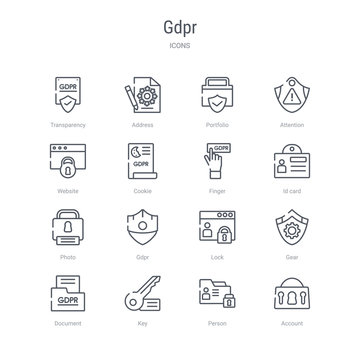 set of 16 gdpr concept vector line icons such as account, person, key, document, gear, lock, gdpr, photo. 64x64 thin stroke icons