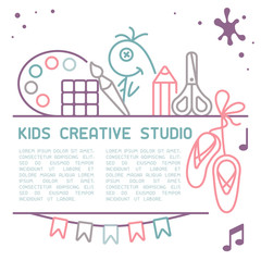 Info poster concept of creative studio for children. Linear style vector illustration. Suitable for advertisement or placard decor