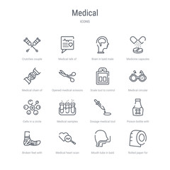 Naklejka premium set of 16 medical concept vector line icons such as rolled paper for bathroom, mouth tube in bald male head, medical heart scan, broken feet with bandage, poison bottle with a skull, dosage medical