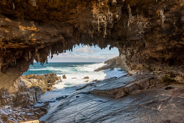 Naklejka na ściany i meble The magnificent Admirals Arch beaten by the waves of the sea, Kangaroo Island, Southern Australia