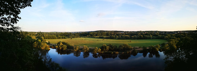 panorama of the valley of the Ruhr in Muelheim in the evening sun