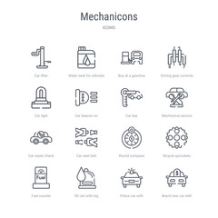 set of 16 mechanicons concept vector line icons such as brand new car with dollar price tag, police car with light, oil can with big drop, fuel counter, bicycle sprockets, round compass, car seat