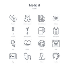 set of 16 medical concept vector line icons such as intestine, patient, iv, ecg, scan, germs, lifeline, male. 64x64 thin stroke icons
