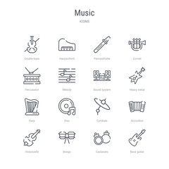set of 16 music concept vector line icons such as bass guitar, castanets, bongo, violoncello, accordion, cymbals, disc, harp. 64x64 thin stroke icons