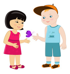 Boy and girl look at the butterfly