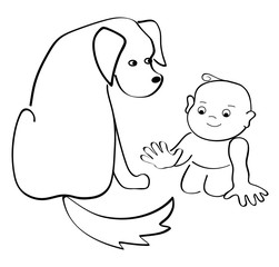Little baby playing with dog's tail