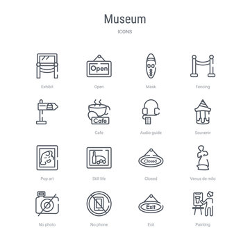 set of 16 museum concept vector line icons such as painting, exit, no phone, no photo, venus de milo, closed, still life, pop art. 64x64 thin stroke icons