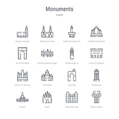 Fototapeta na wymiar set of 16 monuments concept vector line icons such as greek column, monument site, spain, russia, philippines, denmark, cambodia, church of the holy family. 64x64 thin stroke icons