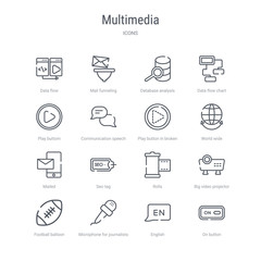 set of 16 multimedia concept vector line icons such as on button, english, microphone for journalists, football balloon, big video projector, rolls, seo tag, mailed. 64x64 thin stroke icons