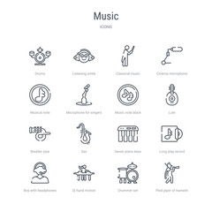 set of 16 music concept vector line icons such as pied piper of hamelin, drummer set, dj hand motion, boy with headphones, long play record cover, seven piano keys, sax, bladder pipe. 64x64 thin