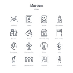 set of 16 museum concept vector line icons such as botanical, gioconda, museum fencing, poetry, ballet, ceramic, information desk, anthropology. 64x64 thin stroke icons