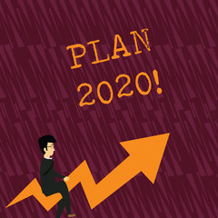 Text sign showing Plan 2020. Business photo showcasing detailed proposal doing achieving something next year Businessman with Eyeglasses Riding Crooked Color Arrow Pointing Going Up