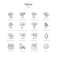 set of 16 nature concept vector line icons such as sun flare, snowed mountains, sunny park, picket fence, arborvitae tree, black ash tree, white ash tree, bigtooth aspen 64x64 thin stroke icons
