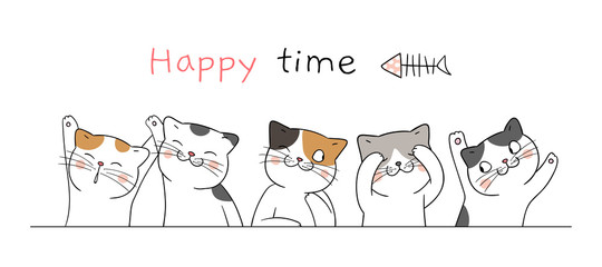 Draw banner cute cat with word happy time. - obrazy, fototapety, plakaty