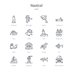 Fototapeta na wymiar set of 16 nautical concept vector line icons such as skull and bones, shark, lighthouse, sailboat, fish, seagull, pearl, whale. 64x64 thin stroke icons