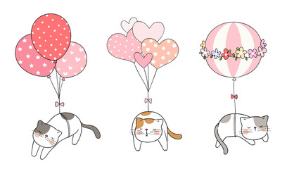 Draw cat sleeping with sweet balloon on white.