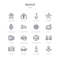 set of 16 nautical concept vector line icons such as big anchor, one surfboard, swin goggle, big crate, binocular, submarine window, snorkling glasses, big barrel. 64x64 thin stroke icons
