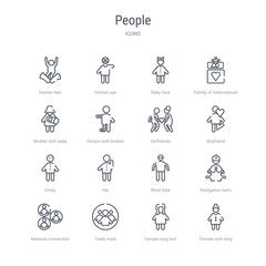 set of 16 people concept vector line icons such as female with long hair, female long hair, trade mark, network connection, navigation helm, blind date, hip, emoji. 64x64 thin stroke icons