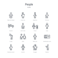 set of 16 people concept vector line icons such as spindle, snuggle, aviation, bearded woman, identification card with picture, male user, elder, cough. 64x64 thin stroke icons
