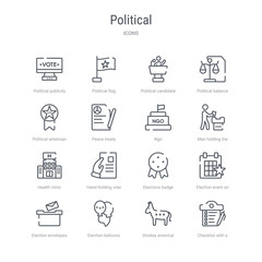 set of 16 political concept vector line icons such as checklist with a pencil, donkey americal political, election balloons couple, election envelopes and box, election event on a calendar with