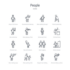 set of 16 people concept vector line icons such as woman taking a photo, elegant man talking through phone, man pushing child, man making soap bubbles, waves danger, hugging, boy with balloon,