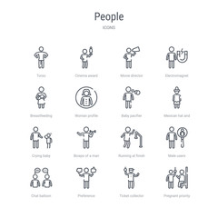 set of 16 people concept vector line icons such as pregnant priority, ticket collector, preference, chat balloon, male users, running at finish line, biceps of a man, crying baby. 64x64 thin stroke