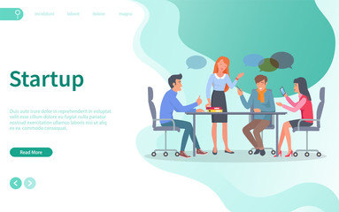 People sitting on conference vector, coworkers brainstorming startup ideas. Collaboration of men and women, meeting of professionals and experts. Website or webpage template, landing page flat style