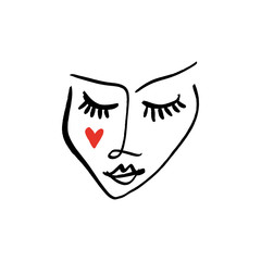 Simple modern trendy line sketch art face. Portrait print for clothes, textile and other. Vector illustration