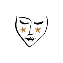 Simple modern trendy line sketch art face. Portrait print for clothes, textile and other. Vector illustration