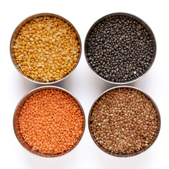 Chickpea, Red Lentil, Split Chickpea, Black gram,  Black lentil, Garbanzo Beans, Horse Gram, Gahat Dal in steel bowel isolated on white background.