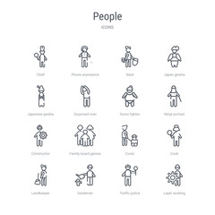 set of 16 people concept vector line icons such as layer working, traffic police, garderner, landkeeper, cook, curier, family board games, constructor. 64x64 thin stroke icons