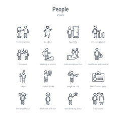 set of 16 people concept vector line icons such as two hearts, man thinking about love, man with afro hair style, boy angel head, identification pass, magician boy, student books, lance. 64x64 thin