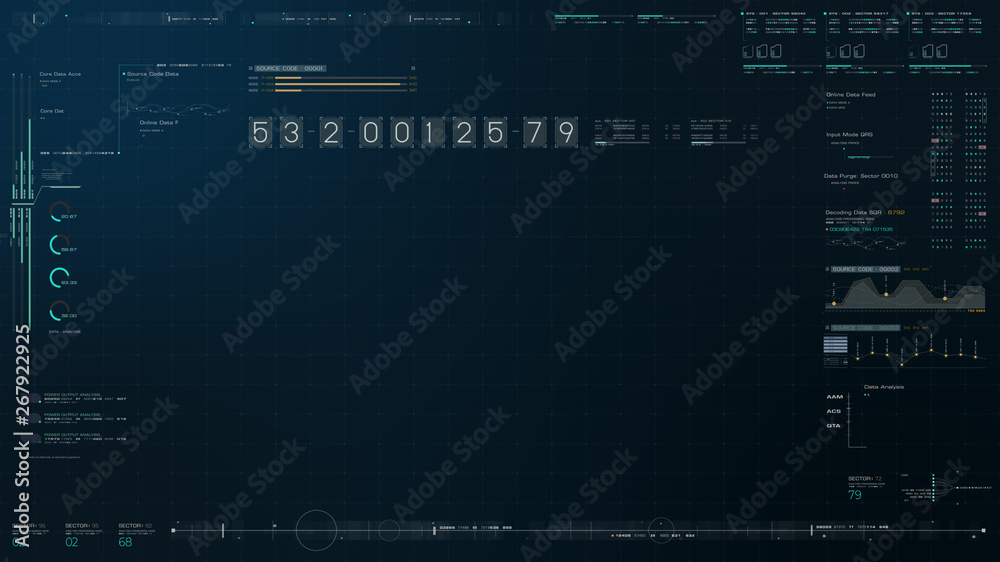 Aufkleber Futuristic source code digital data telemetry motion graphic display screen with user interface display for digital background computer desktop display screen