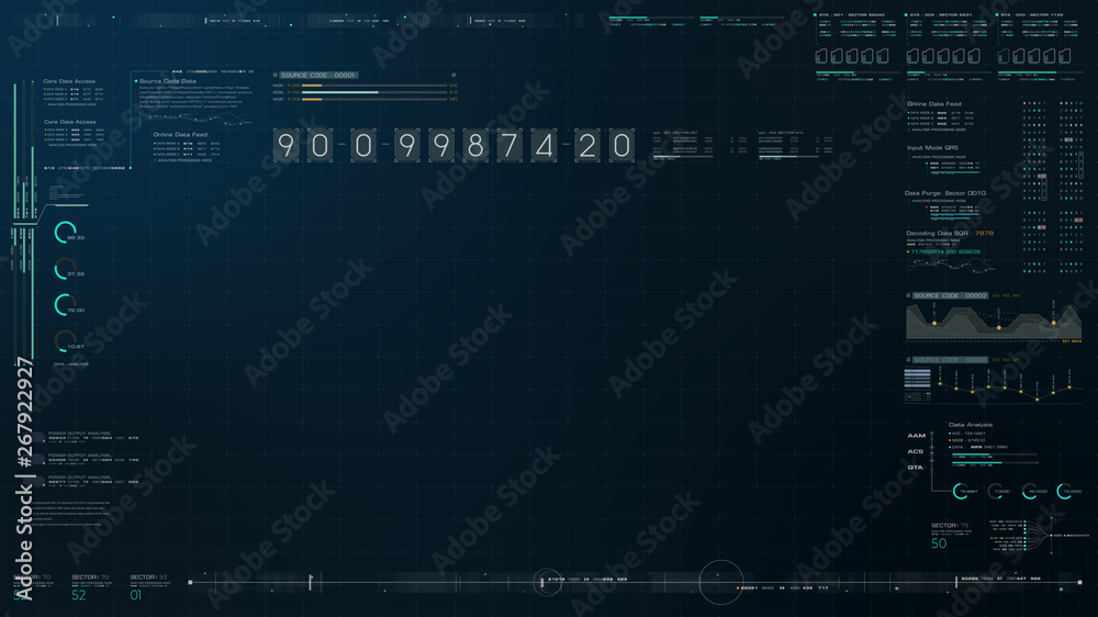Fototapete Futuristic source code digital data telemetry motion graphic display screen with user interface display for digital background computer desktop display screen