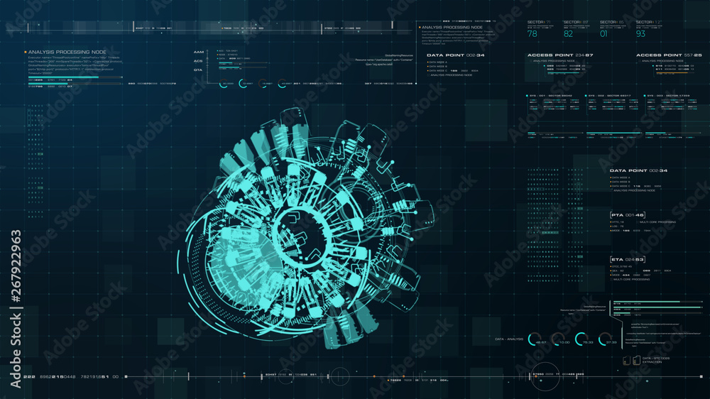 Leinwandbilder Advance motion graphic futuristic user interface head up display screen with Holographic electromagnetic engine with gravitational fields energy particles wave and digital data telemetry information