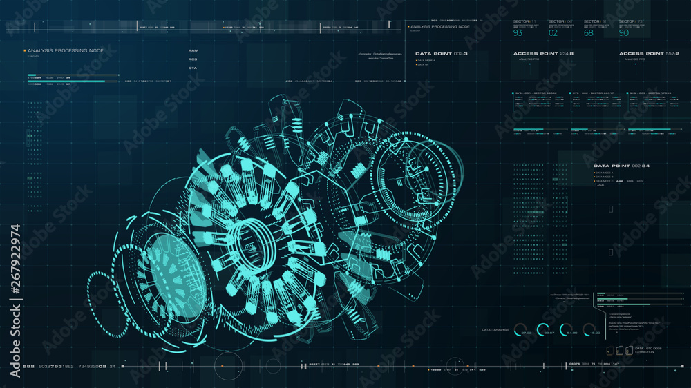 Poster Advance motion graphic futuristic user interface head up display screen with Holographic electromagnetic engine with gravitational fields energy particles wave and digital data telemetry information