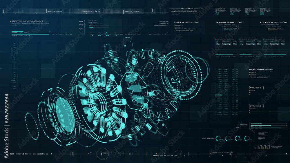 Aufkleber Advance motion graphic futuristic user interface head up display screen with Holographic electromagnetic engine with gravitational fields energy particles wave and digital data telemetry information