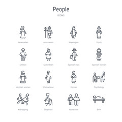 set of 16 people concept vector line icons such as birth, no racism, shepherd, kidnapping, psychology, korean, vietnamese, mexican woman. 64x64 thin stroke icons