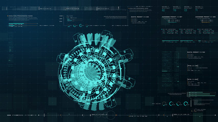 Advance motion graphic futuristic user interface head up display screen with Holographic electromagnetic engine with gravitational fields energy particles wave and digital data telemetry information