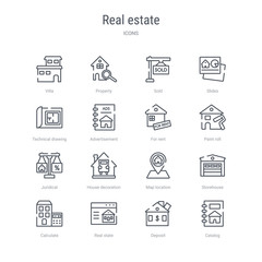 set of 16 real estate concept vector line icons such as catalog, deposit, real state, calculate, storehouse, map location, house decoration, juridical. 64x64 thin stroke icons