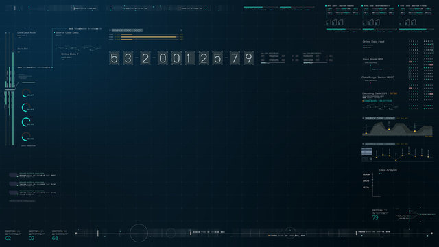 Futuristic source code digital data telemetry motion graphic display screen with user interface display for digital background computer desktop display screen