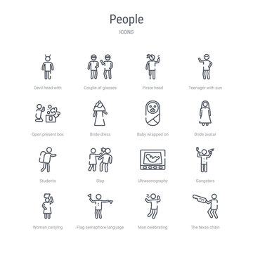 set of 16 people concept vector line icons such as the texas chain saw massacre, man celebrating, flag semaphore language, woman carrying, gangsters, ultrasonography, slap, students. 64x64 thin