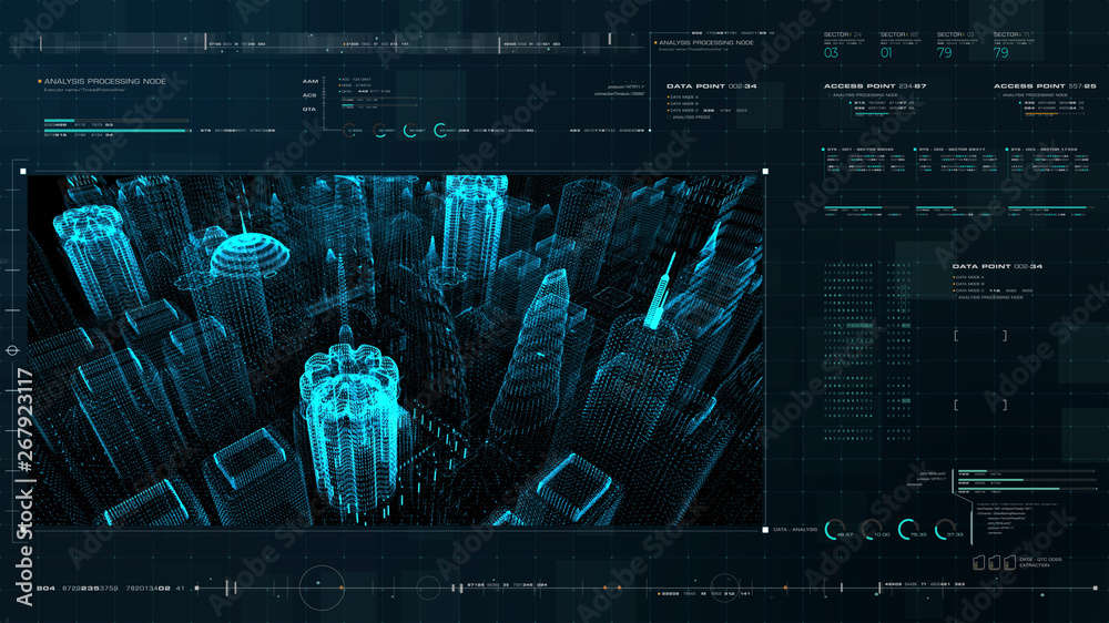 Aufkleber Futuristic motion graphic user interface head up display screen with digital holographic city telemetry information display for digital background computer desktop display screen