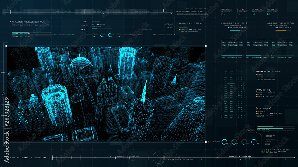 Aufkleber Futuristic motion graphic user interface head up display screen with digital holographic city telemetry information display for digital background computer desktop display screen