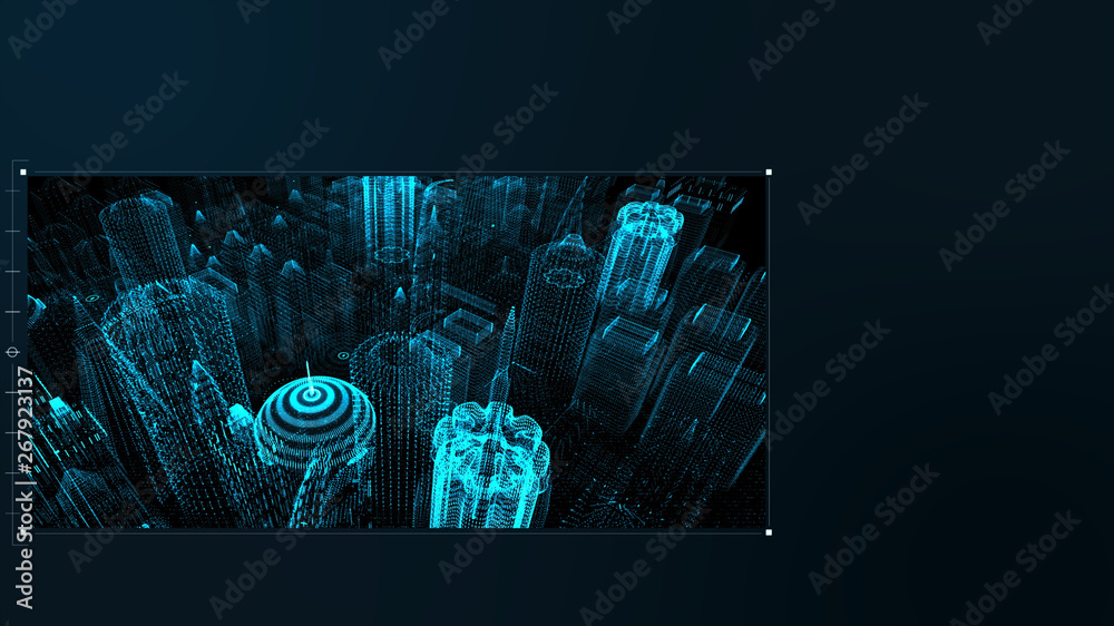 Poster Futuristic motion graphic user interface head up display screen with digital holographic city telemetry information display for digital background computer desktop display screen