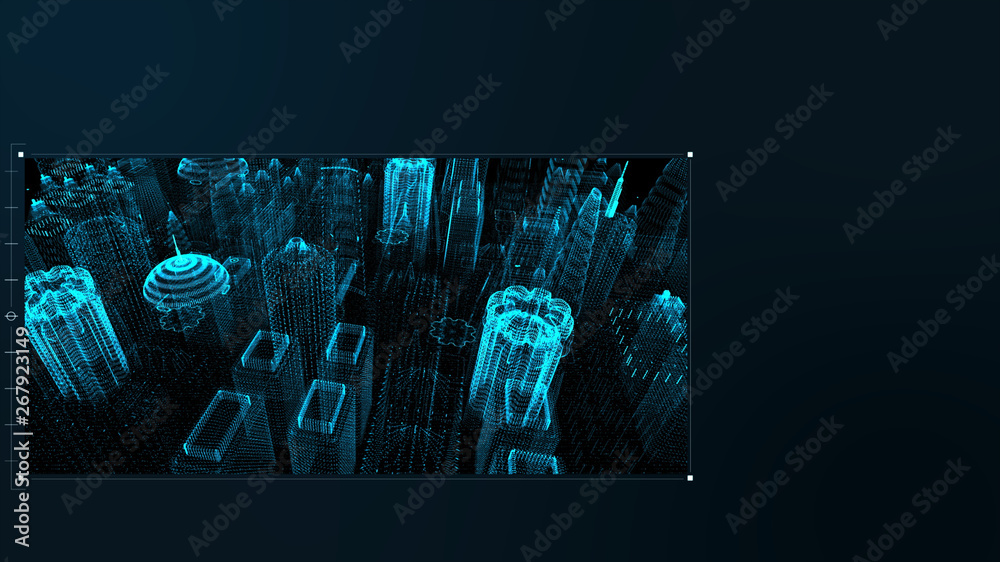 Poster Futuristic motion graphic user interface head up display screen with digital holographic city telemetry information display for digital background computer desktop display screen