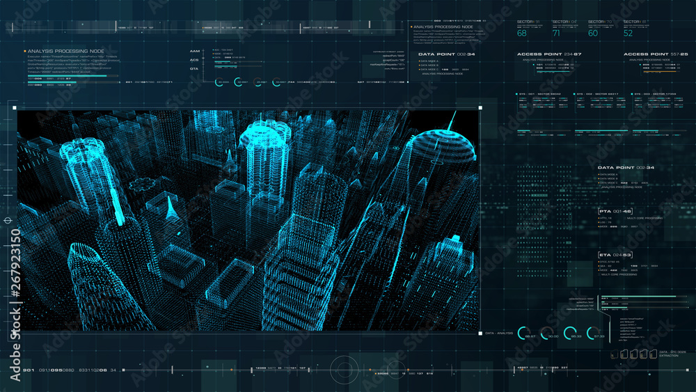 Poster Futuristic motion graphic user interface head up display screen with digital holographic city telemetry information display for digital background computer desktop display screen